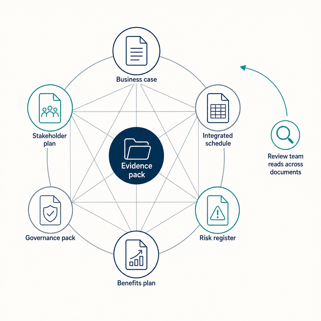 Diagram of a gateway review evidence pack: the business case, integrated schedule, risk register, benefits plan, governance pack and stakeholder plan shown as linked documents, with a review team reading across them to check for consistency.