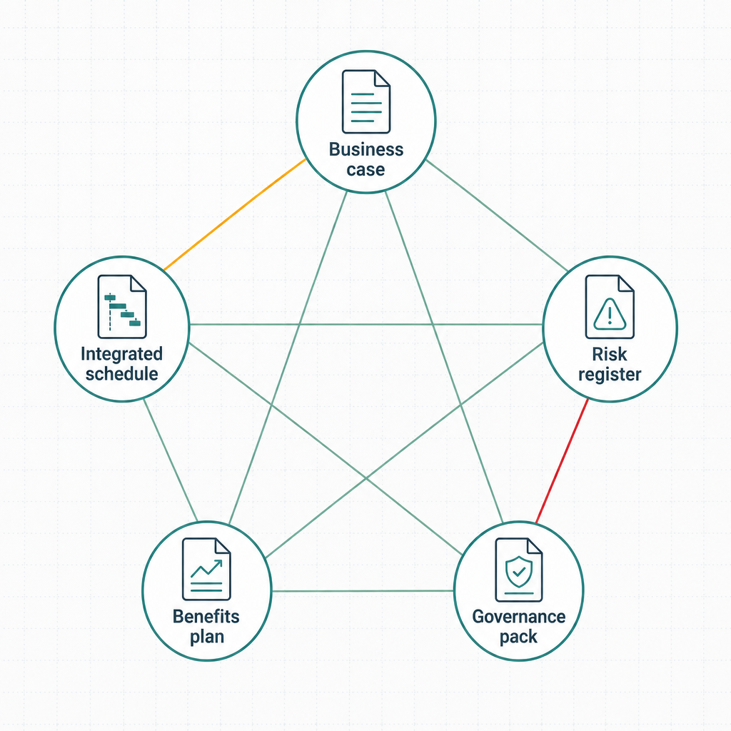 A cross-document consistency map: five core evidence-pack documents (business case, integrated schedule, risk register, benefits plan and governance pack) connected in a web, with two links highlighted in amber and red to show where a reviewer finds contradictions between documents.