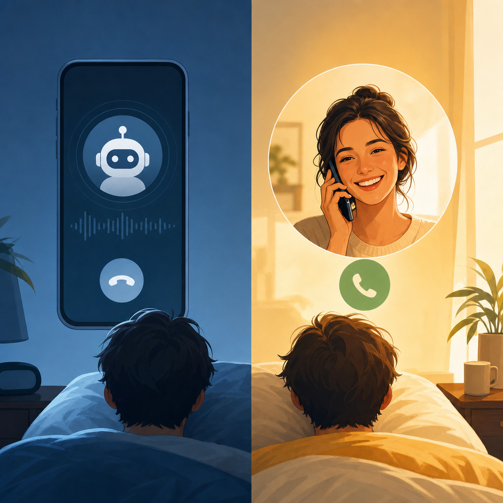 Illustration comparing wake-up call apps and a real phone call