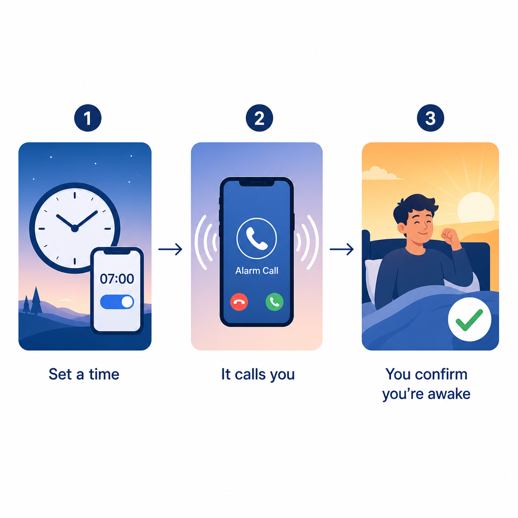 Three-step flow of how a wake-up call service works: you set a time, the service places a real phone call, and you answer to confirm you're awake.