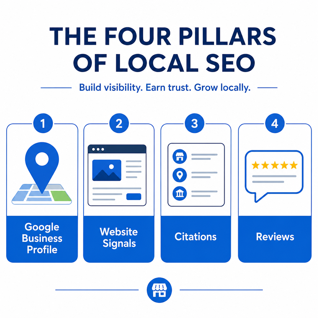 Diagram showing the four pillars of local SEO for small business: Google Business Profile, website signals, citations, and reviews