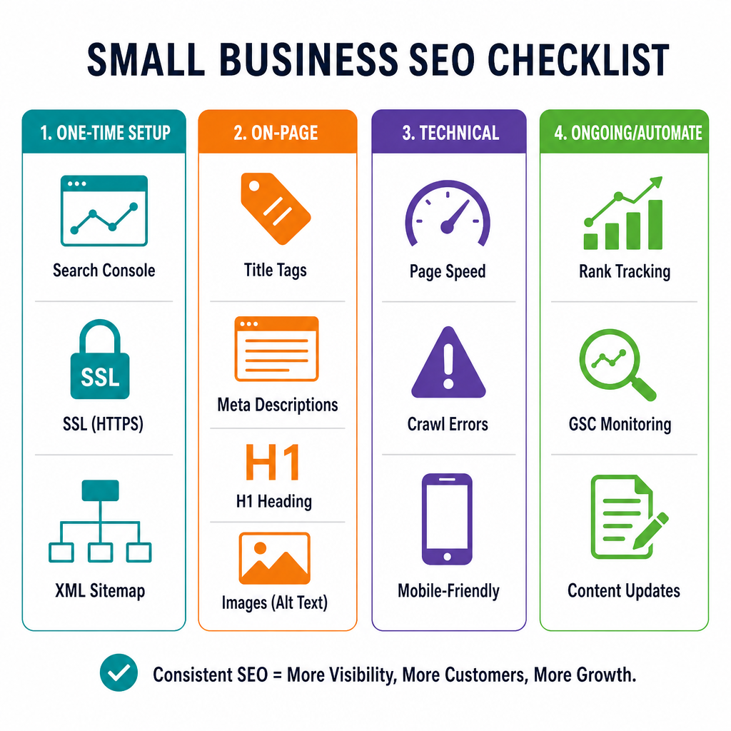 Small business SEO checklist organized into four categories: one-time setup, on-page optimization, technical health, and ongoing monitoring
