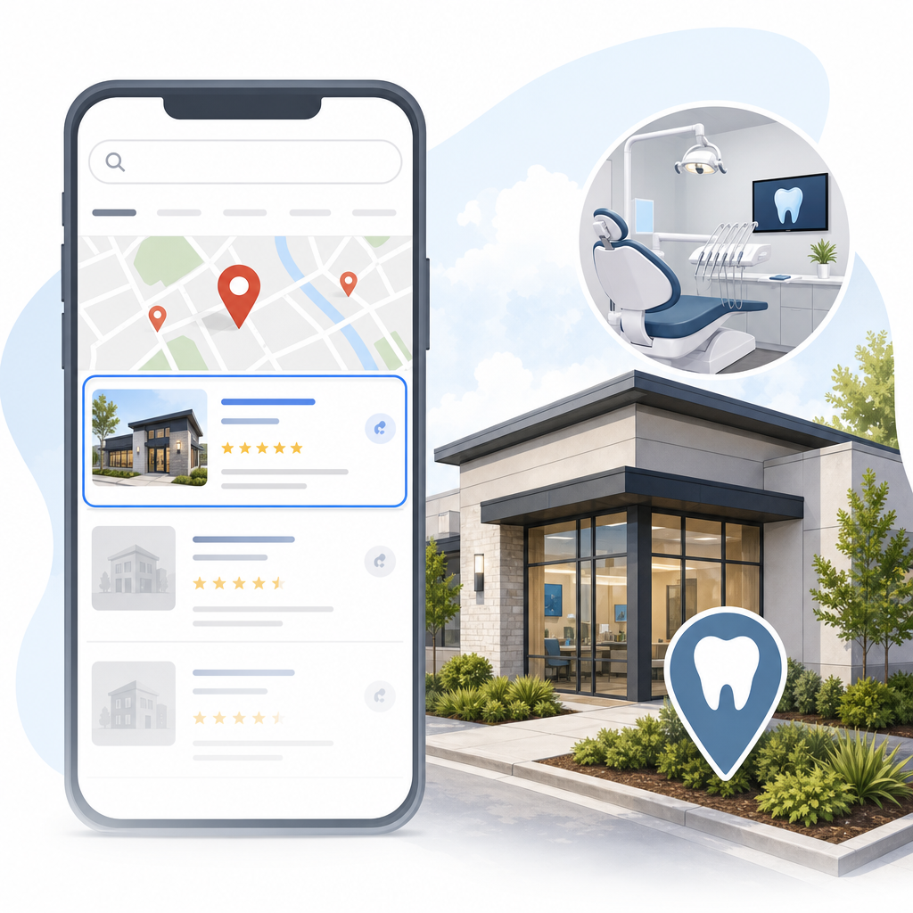 Illustration of a dental practice in local Google search results